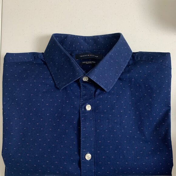 Tommy Hilfiger Men’s XL Blue Long Sleeve Shirt – Micro Red & White Pattern - Picture 12 of 12
